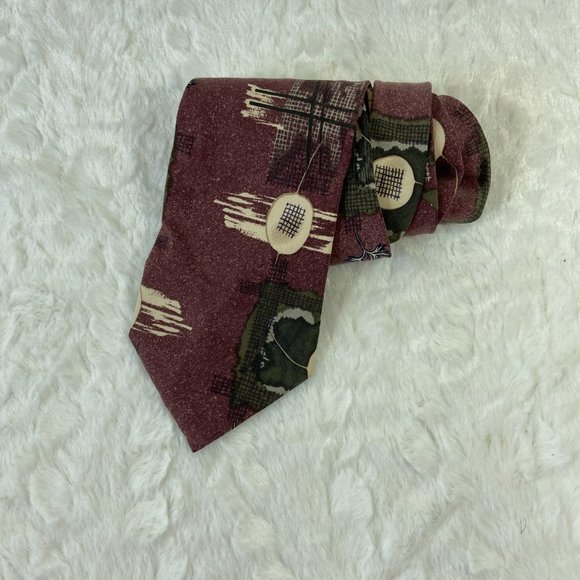 Robert Stock Mens Neck Tie Silk Maroon Tan Abstract USA Sandwashed Soft - Picture 3 of 5